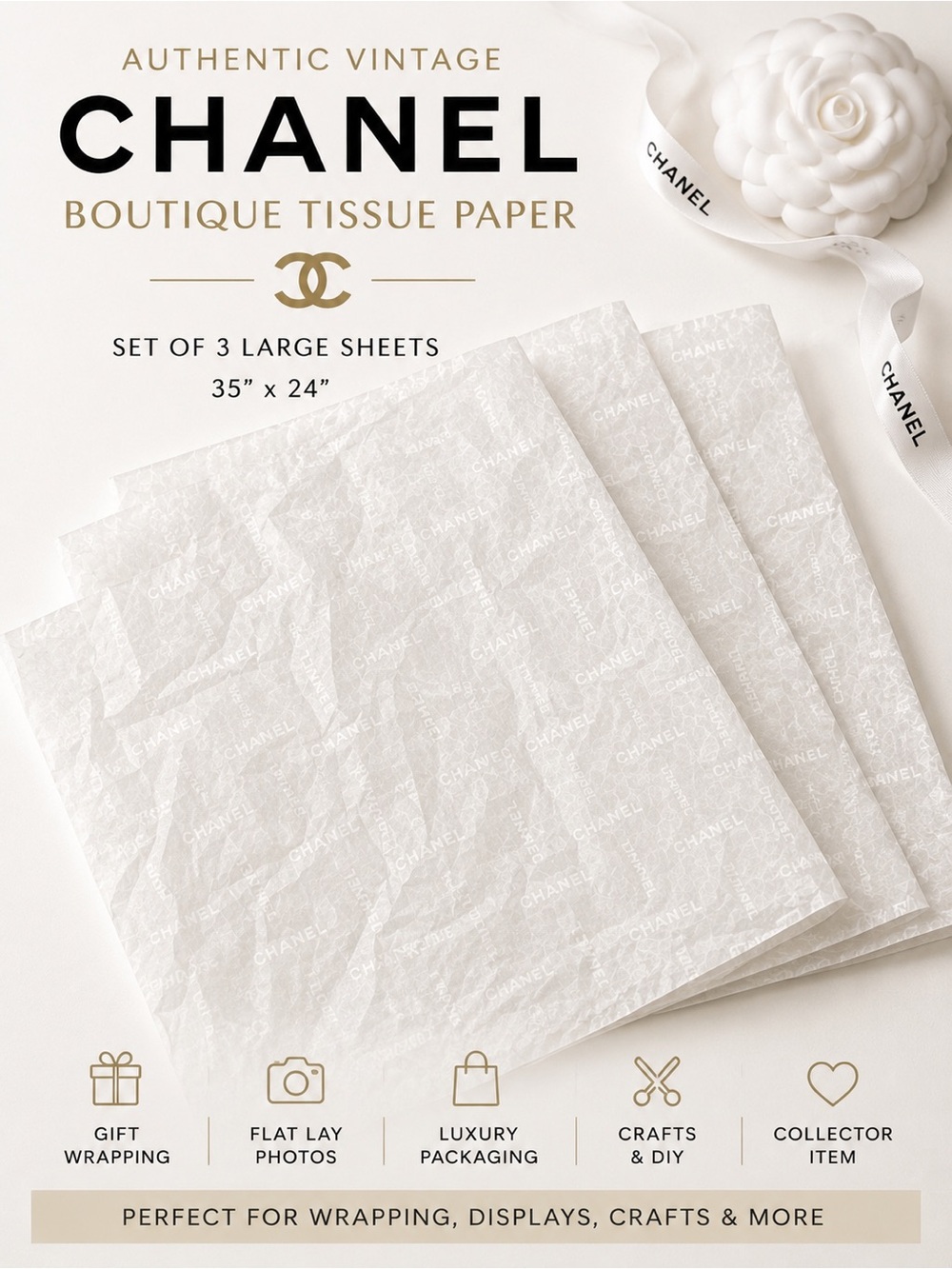 Authentic Vintage CHANEL Boutique Logo Tissue Paper Set of 3 Large Gift Wrap